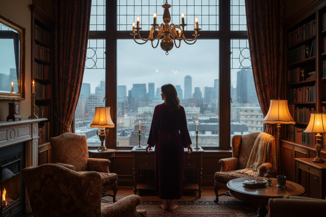 Woman standing at a window looking out at a grey world, warm amber light filling the room behind her — representing hope within hardship