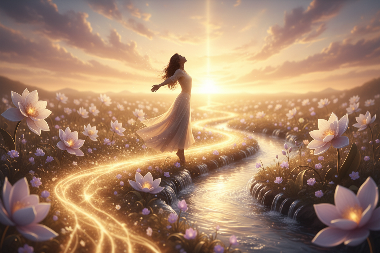 Woman in a white dress standing on a path through a field of flowers at sunset.
